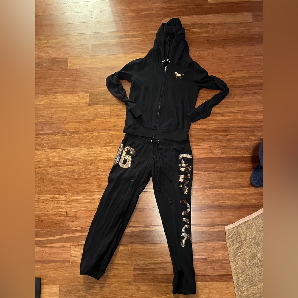 PINK Victoria's Secret Black hoodie  Set with sequin sz S